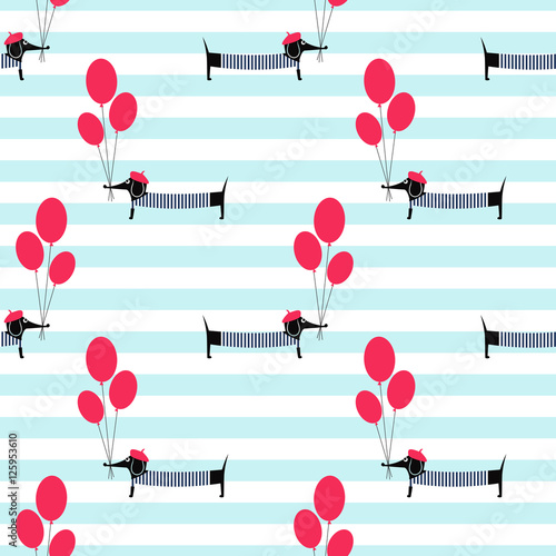 French style dog holding balloons seamless pattern on striped background. Cute cartoon parisian dachshund vector illustration. French style dressed dog with beret and striped frock.