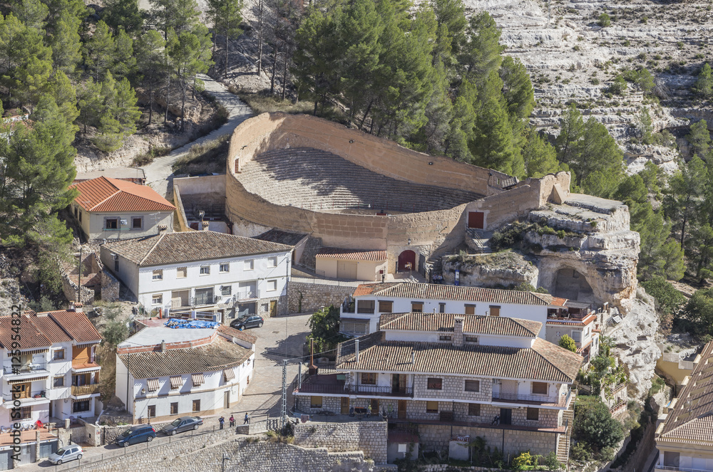 Ancient bullring, this square is constructed in the shape of ship, Alcala del Jucar, Spain