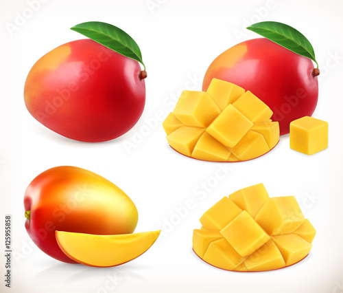 Mango. Whole and pieces. Sweet fruit. 3d vector icons set. Realistic illustration