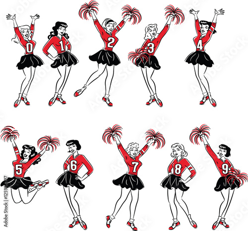 Retro comic art college cheerleaders wearing number sweaters