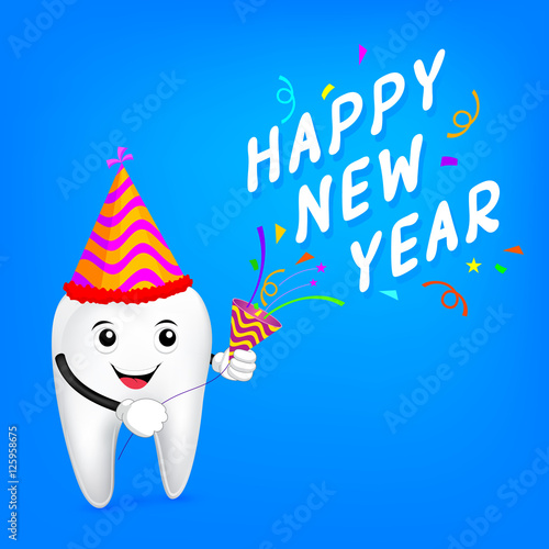 cartoon tooth character with papershoot and happy new year.  Great for health dental care concept. illustration