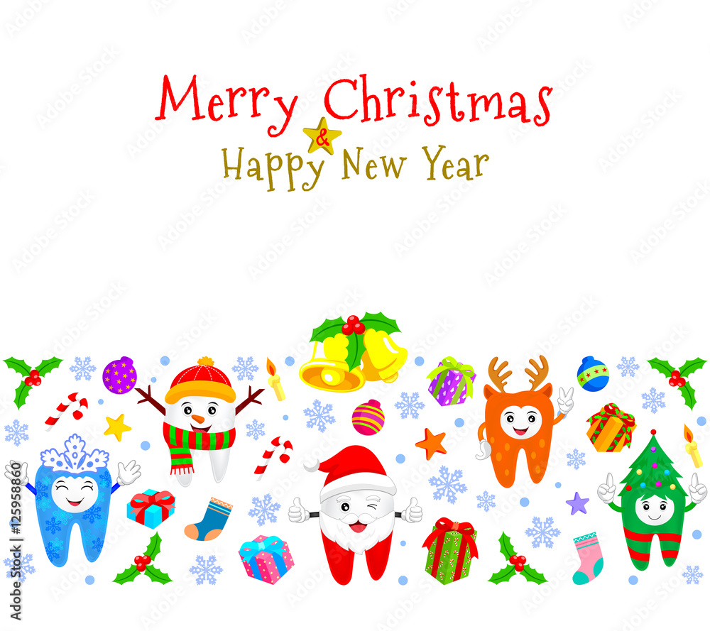 Cute cartoon tooth characters with Christmas elements background. Character of Reindeer, Santa Claus, snowflake, Xmas tree,Snowman. Illustration. Great for special event celebration. Cute cartoon tooth characters with Christmas elements background. Character of Reindeer, Santa Claus, snowflake, Xmas tree,Snowman. Illustration. Great for special event celebration.