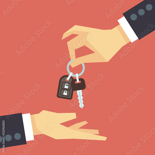 Hand giving car key. Vector rent and sale flat concept