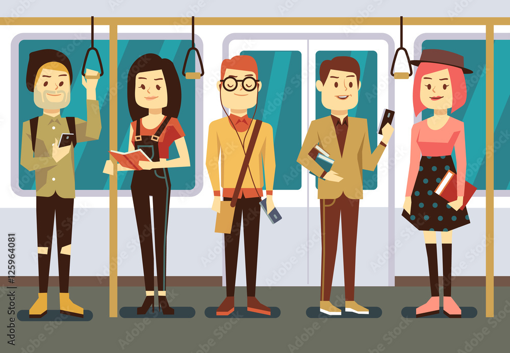 Fototapeta premium Man and woman with smartphone, gadgets book in public transport vector illustration