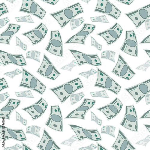 Money wind stream, paper cash tornado finance concept. seamless flying dollars background