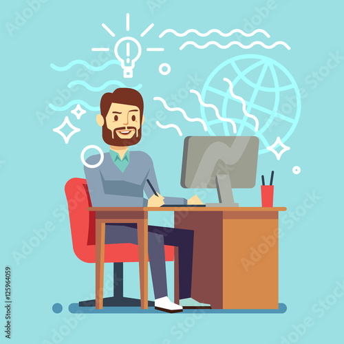 Young designer man working at computer. vector creative process concept