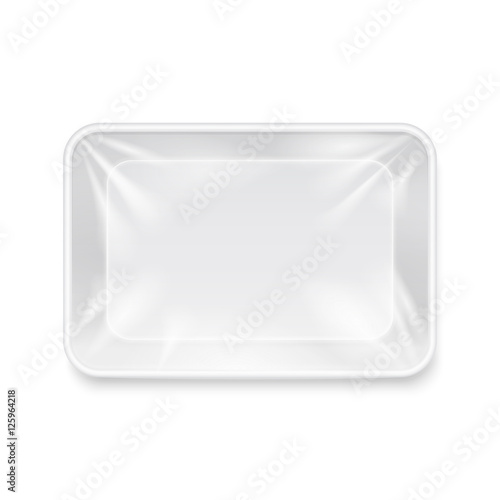 Empty white plastic food container, packaging tray vector template