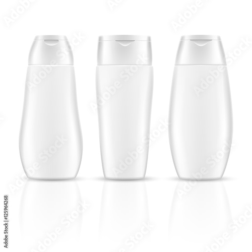 White blank shampoo bottles cosmetic container packages vector mockups