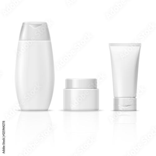 Blank white cosmetics product packaging vector set, cream tube, shampoo bottle, container isolated