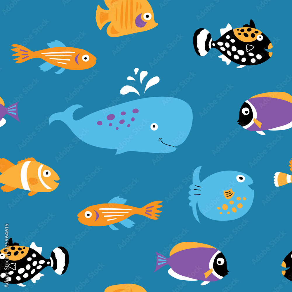 Seamless texture with bare marine tropical fish