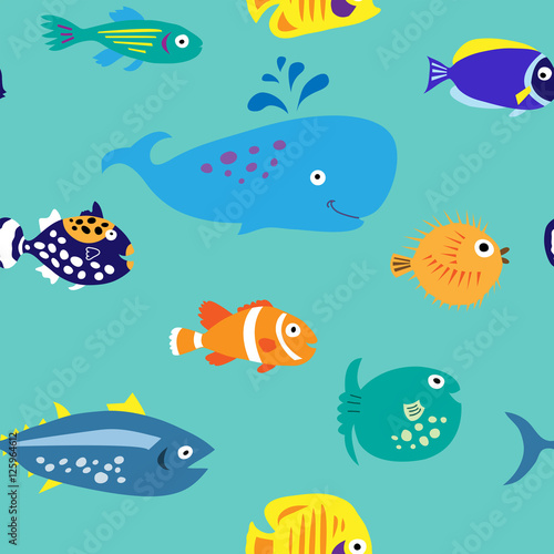 Seamless pattern with bare marine tropical fish