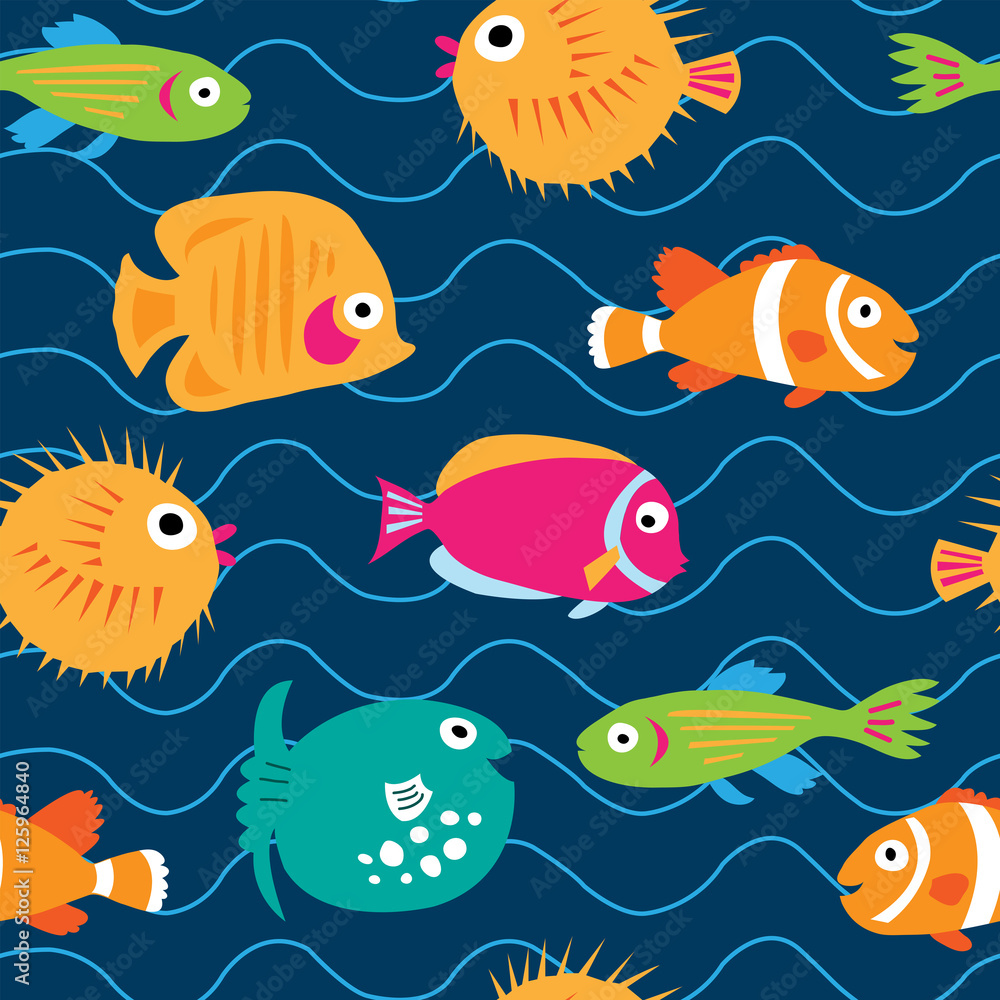 Seamless pattern with exotic fish on the waves Seamless pattern with exotic fish on the waves