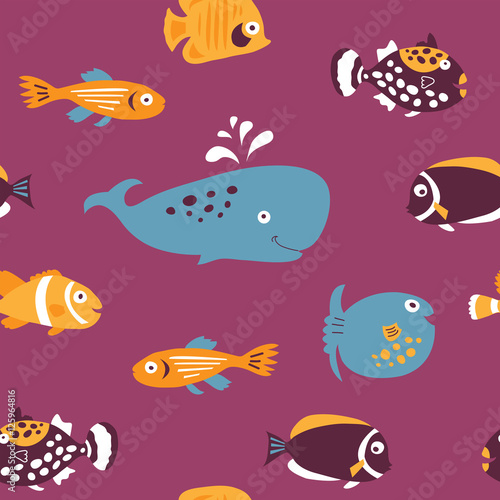 Seamless a template with cute sea exotic fish