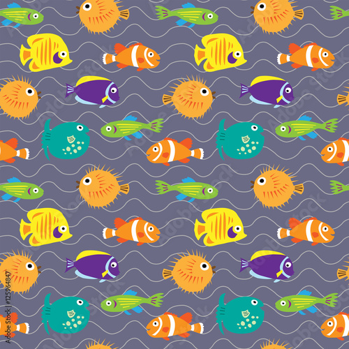 Seamless pattern with fish on the waves