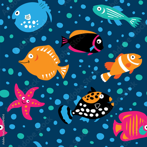 Seamless pattern with fish in the children's style