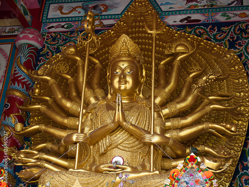 Religion In Thailand. Statue Of Eighteen Arms Guanyin ,Place For Praying , Buddhism Symbol , (wat muang angthong thailand)