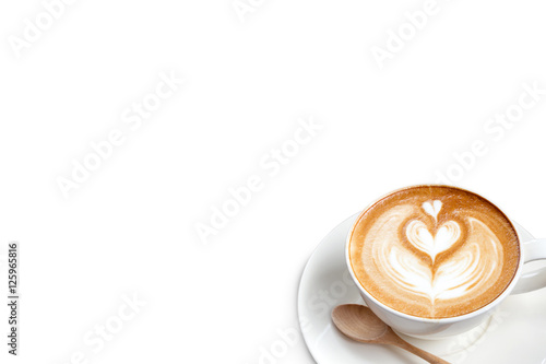 A cup of coffee latte with spoon isolate on white blackground