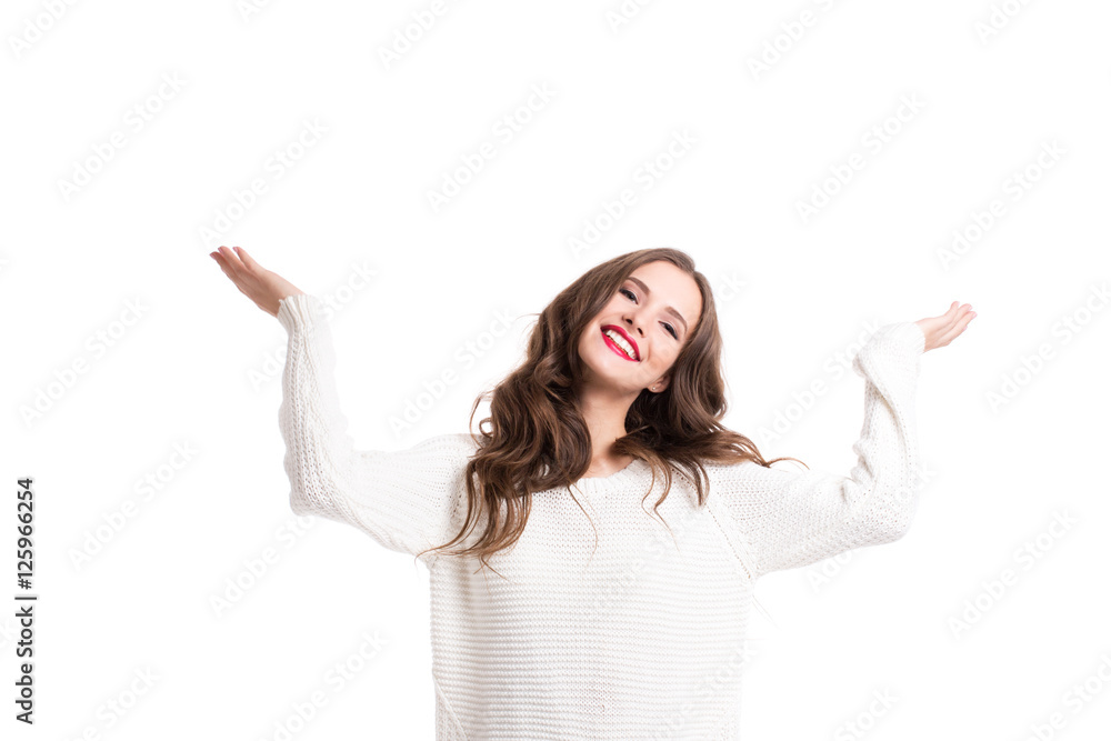 Beautiful woman in white sweater delight. Beautiful woman in white sweater delight.