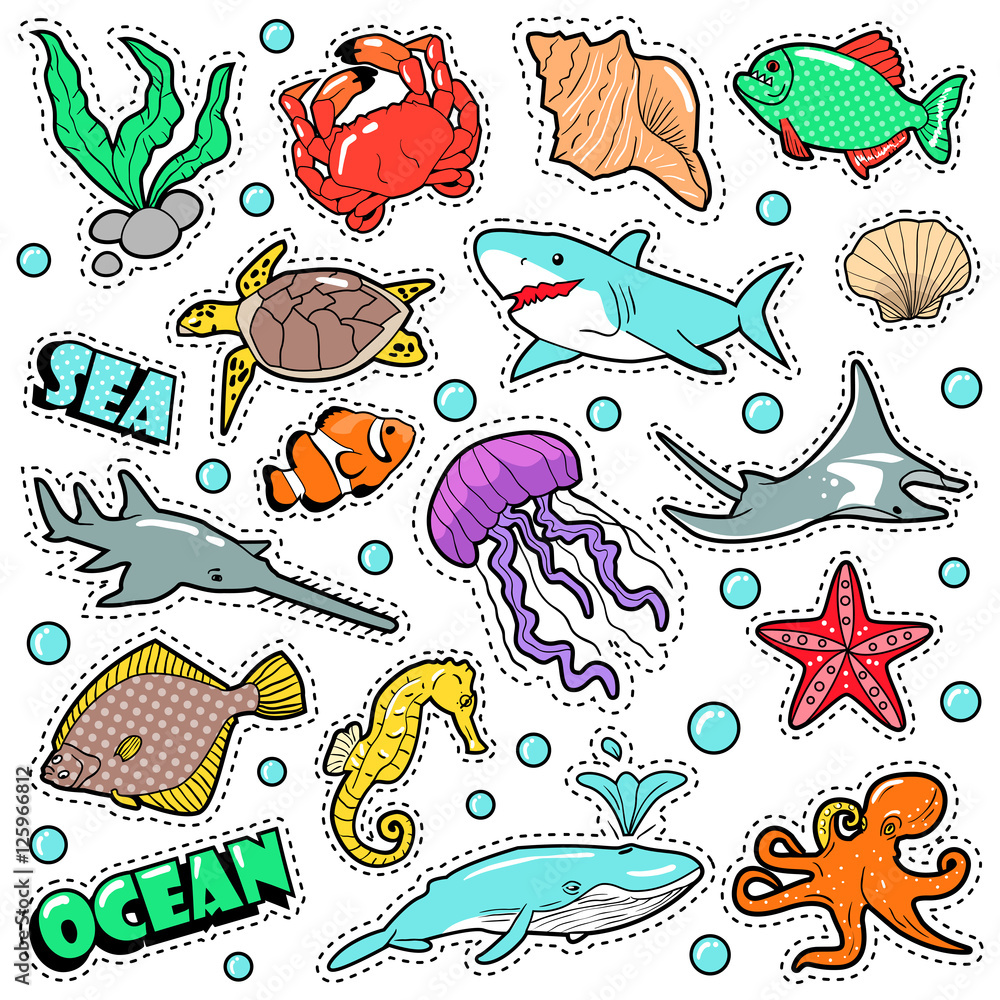 Marine Life Badges, Patches, Stickers - Fish Shark Turtle Octopus in Comic Style Marine Life Badges, Patches, Stickers - Fish Shark Turtle Octopus in Comic Style