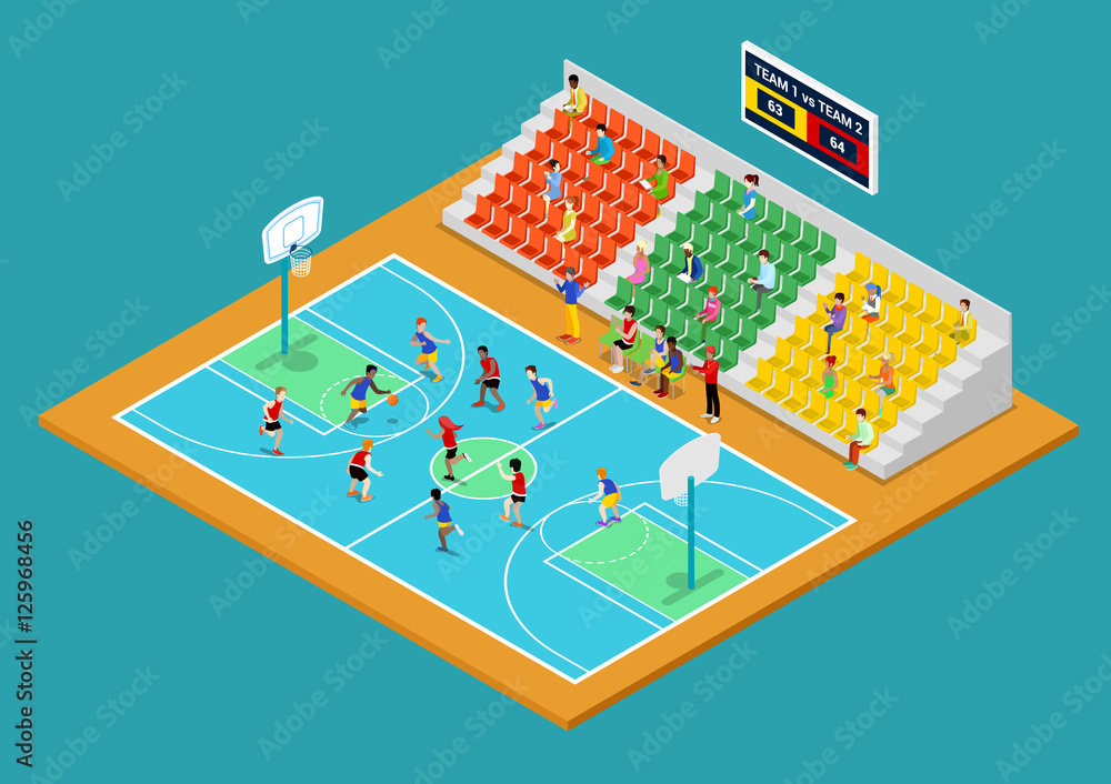 Fototapeta premium Isometric Basketball Playground with Players and Fans. Vector 3d flat illustration