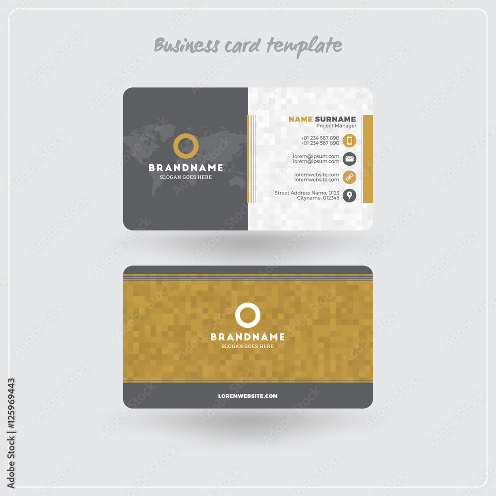 Golden and Gray Business Card Print Template. Personal Visiting Card with Company Logo. Clean Flat Design. Rounded Corners. Vector Illustration. Business Card Mockup with Shadows Golden and Gray Business Card Print Template. Personal Visiting Card with Company Logo. Clean Flat Design. Rounded Corners. Vector Illustration. Business Card Mockup with Shadows