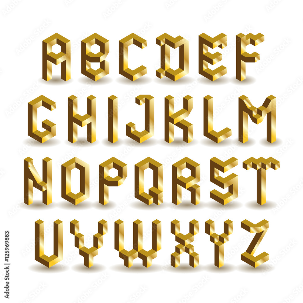 Golden isometric font. Gold characters. 3d abc