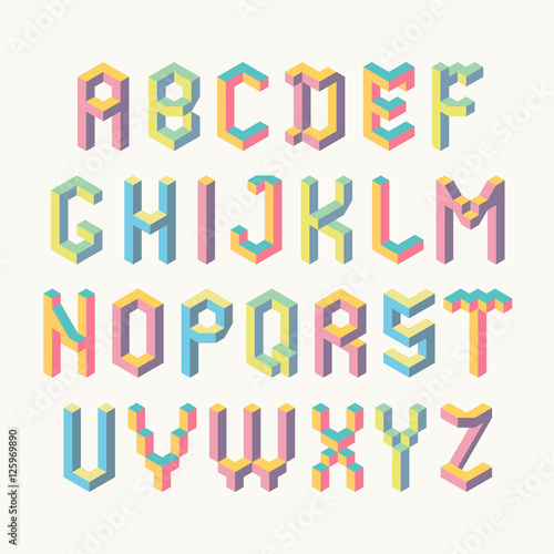 Colorful characters in memphis style. Isometric alphabet.