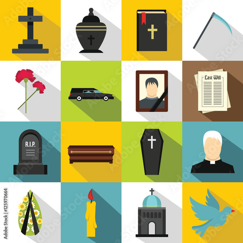 Funeral icons set. Flat illustration of 16 funeral vector icons for web