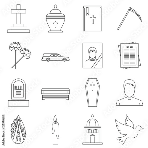 Funeral icons set. Outline illustration of 16 funeral vector icons for web