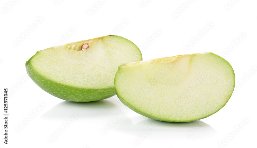 Pieces of green apple, isolated on white background