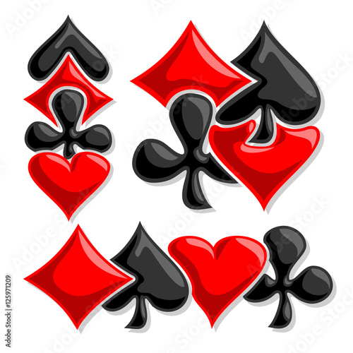 Vector logo cards Suits, three abstract set gamble Poker card suits: black spades, red hearts, diamonds, clubs for icon casino, poker club, emblem for gambling games, isolated on white background.