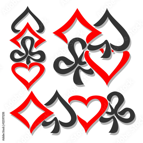 Vector logo cards Suits, three abstract set gamble Poker card suits: black spades, red hearts, diamonds, clubs for icon casino, poker club, emblem for gambling games, isolated on white background.