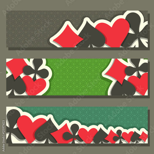 Vector logo of holdem Poker, blackjack suit for gambling game on green texture felt in casino club, cover banner for pokers gamble games, header cards suits: black spades, red hearts, diamonds, clubs.