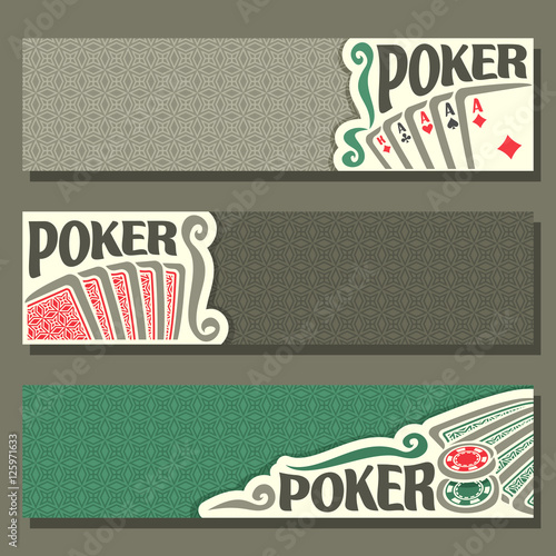 Vector logo of holdem Poker, playing cards back for gambling game on green texture felt table in casino club, cover banner for pokers gamble games, in header card set hand: four of kind, token chips.
