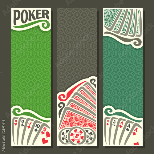 Vector logo of holdem Poker, playing cards back for gambling game on green texture felt table in casino club, vertical banner for pokers gamble games, card set hand: four of kind,straight, token chips