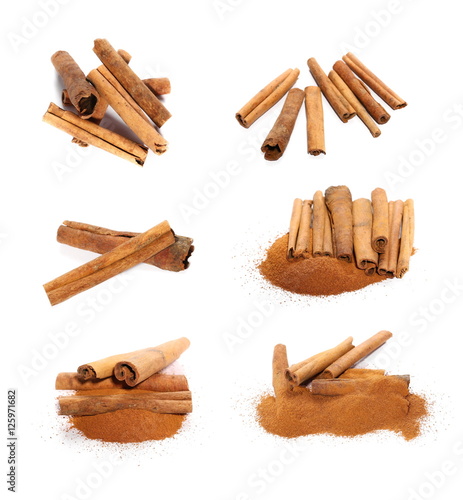 set cinnamon sticks and powder isolated on white background