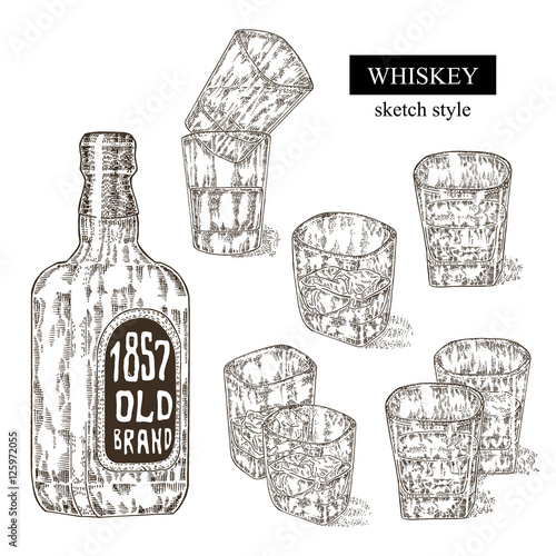 Whiskey drink set. Hand drawn bottle and glass of whiskey. Engraved