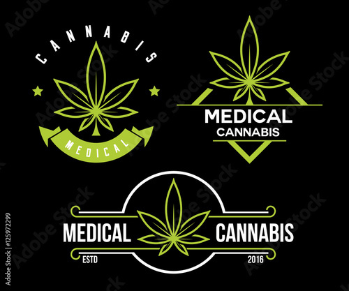 set of green medical cannabis emblem, logo . classic vintage labels on black background