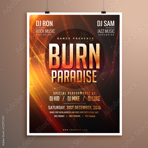 music party flyer template card with abstract fire theme