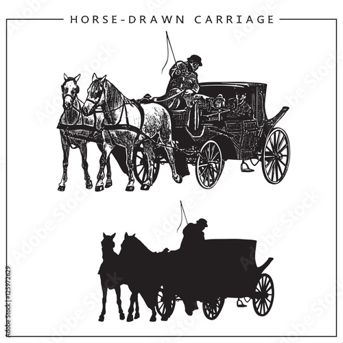 Vector Illustration of Horse-drawn Carriage, Horse Cart with Coachman and Two Horses. Isolated monochrome image and silhouette.