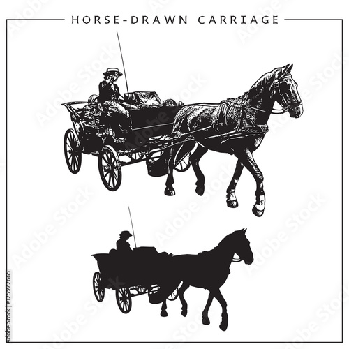 Vector Image of a Horse-drawn Carriage, Horse Cart with Coachman. Isolated black and white picture and silhouette.