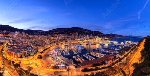 Panorama of aerial cityscape of Monte Carlo at night