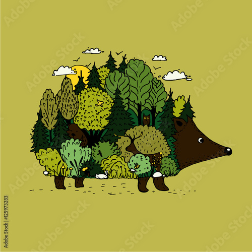 Hedgehog and forest. Illustration of nature with optic illusion