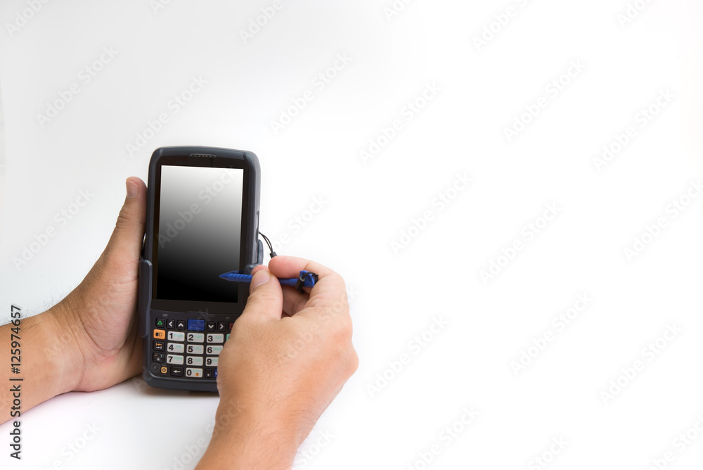 Male hands using a hand held barcode scanner Enterprise Digital Assistant computer. Male hands using a hand held barcode scanner Enterprise Digital Assistant computer.