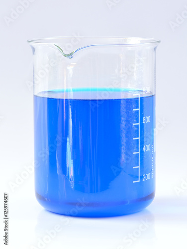 Chemical beaker with blue chemicals dissolved in water