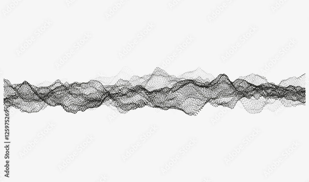 Abstract wavy structure made of shuffled round particles. Swarm of dots. Random rippled monochrome curved shape. Modern vector illustration. Element of design.