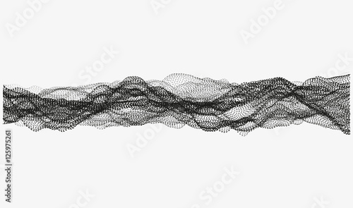 Abstract wavy structure made of shuffled round particles. Swarm of dots. Random rippled monochrome curved shape. Modern vector illustration. Element of design.