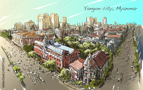 sketch cityscape of Yangon, Myanmar on topview Strand road with
