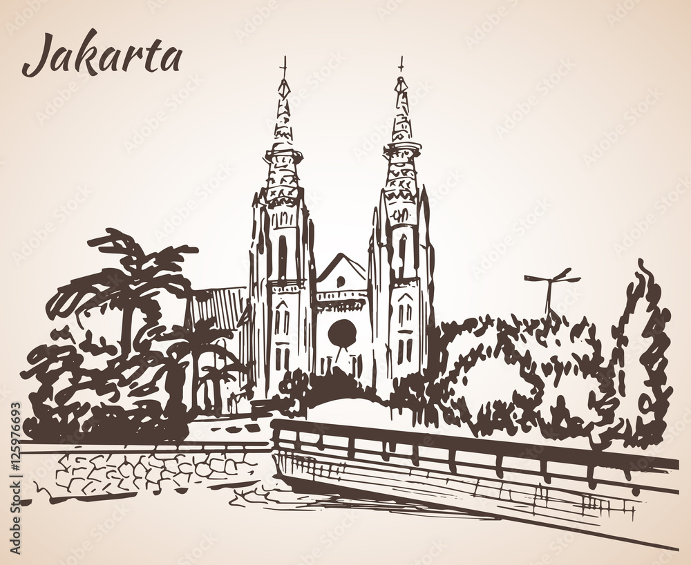 Jakarta Cathedral sketch. Isolated on white background