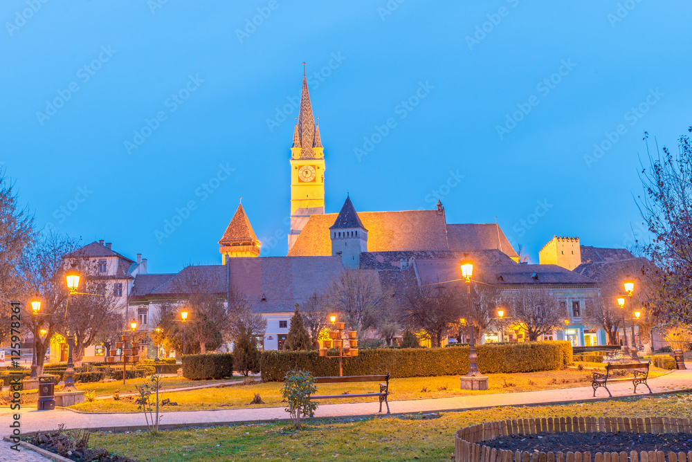 Medieval town and fortified church of Medias,  landmark in Transylvania,  Romania.